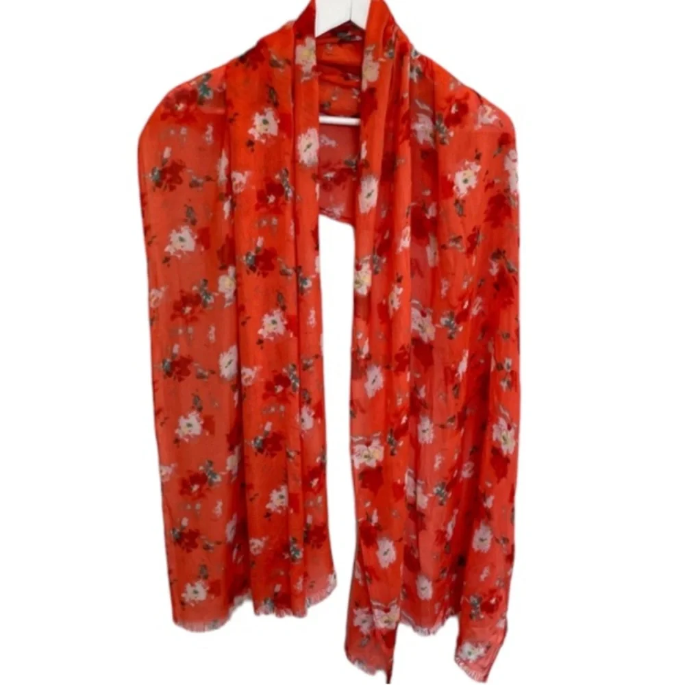 J.Crew Women’s Floral Pashmina Wool Laine Floral Scarf Wrap Shawl Red Orange